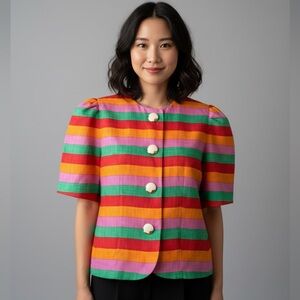 80’S‎ VINTAGE RAINBOW STRIPED BLOUSE TOP RICKI FREEMAN FOR TERI JON 100% LINEN